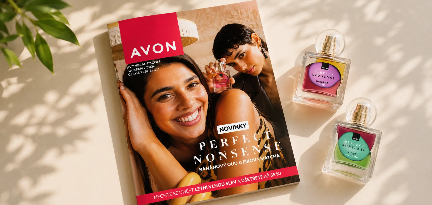 Červencový katalog AVON s parfémy Perfect Nonsense Banana Oud a Figgy Matcha.