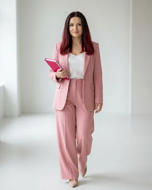 Tetiana Shendryk v růžovém kostýmu kráčí s růžovým zápisníkem v ruce